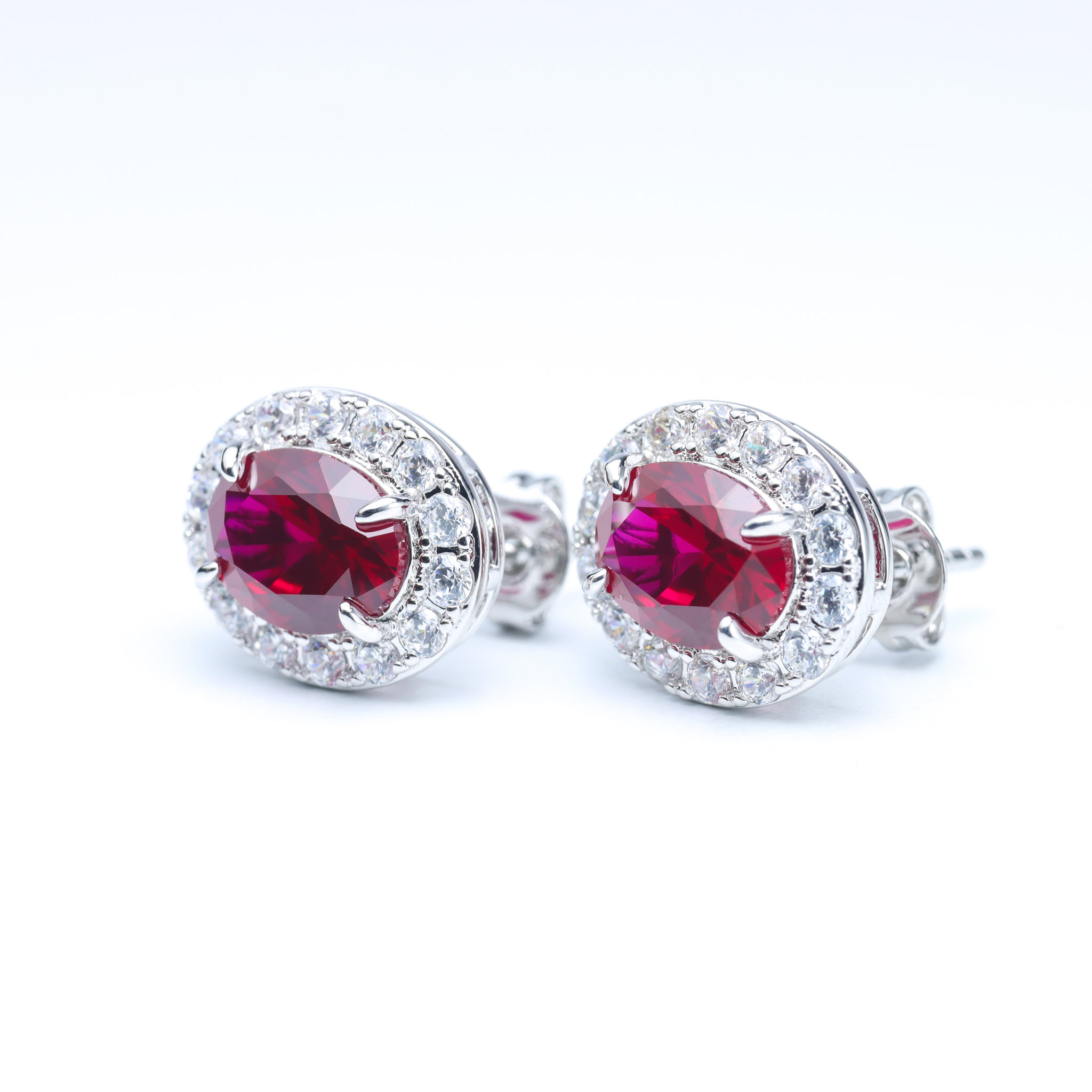 Picture of 18K Gold Plated Oval Ruby Halo Stud Earrings with Cubic Zirconia