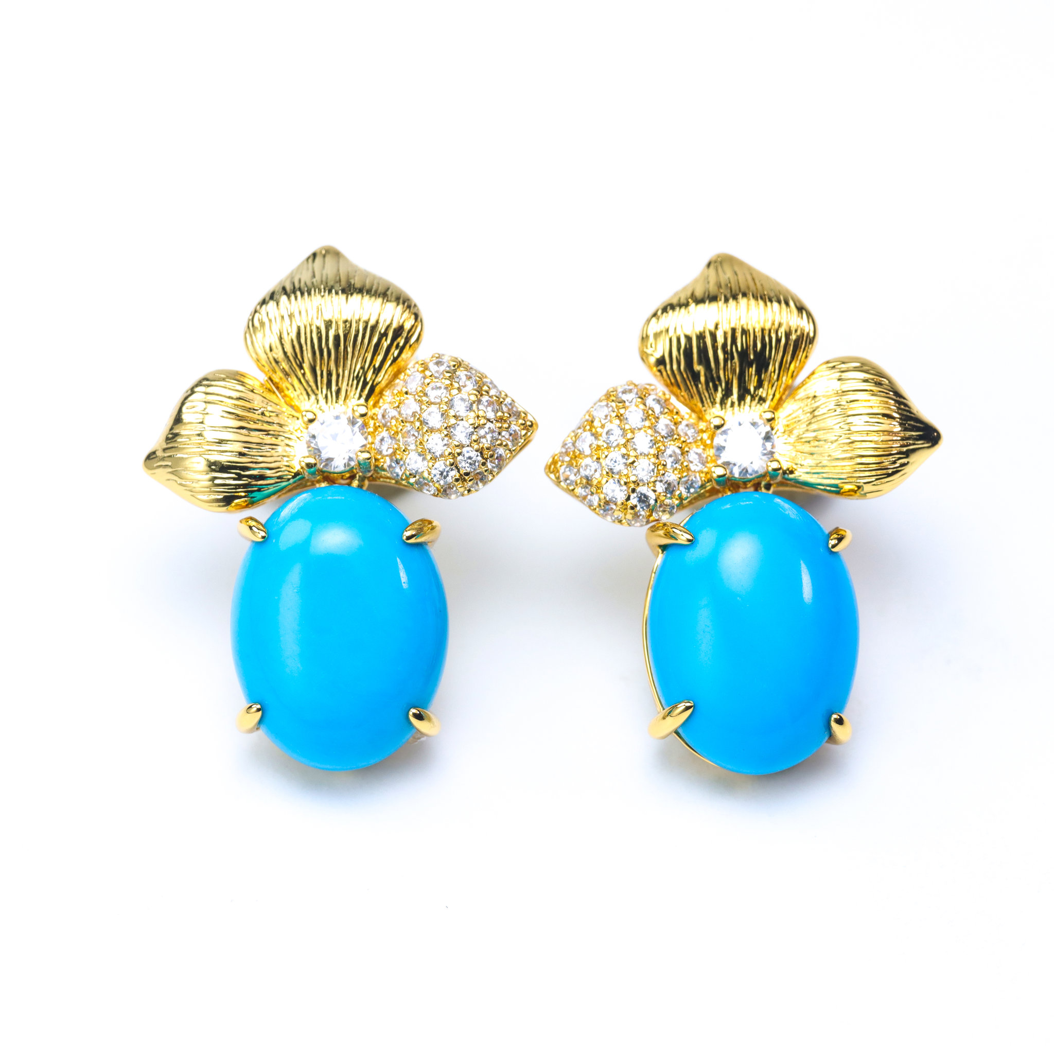 Picture of 18K Gold Plated Turquoise Flower Stud Earrings with Cubic Zirconia
