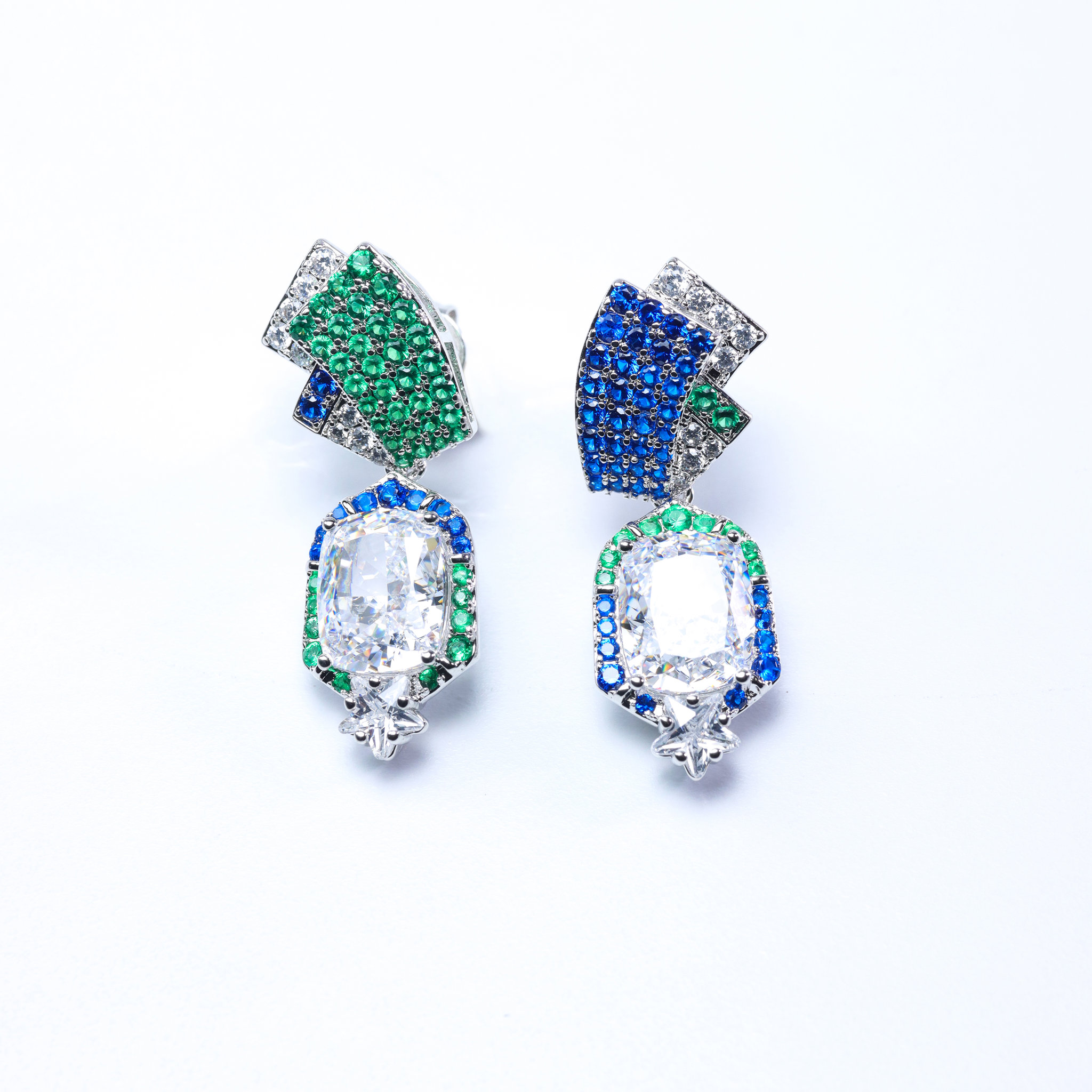 Picture of 18K Gold Plated Asymmetric Blue & Green Cubic Zirconia Drop Stud Earrings
