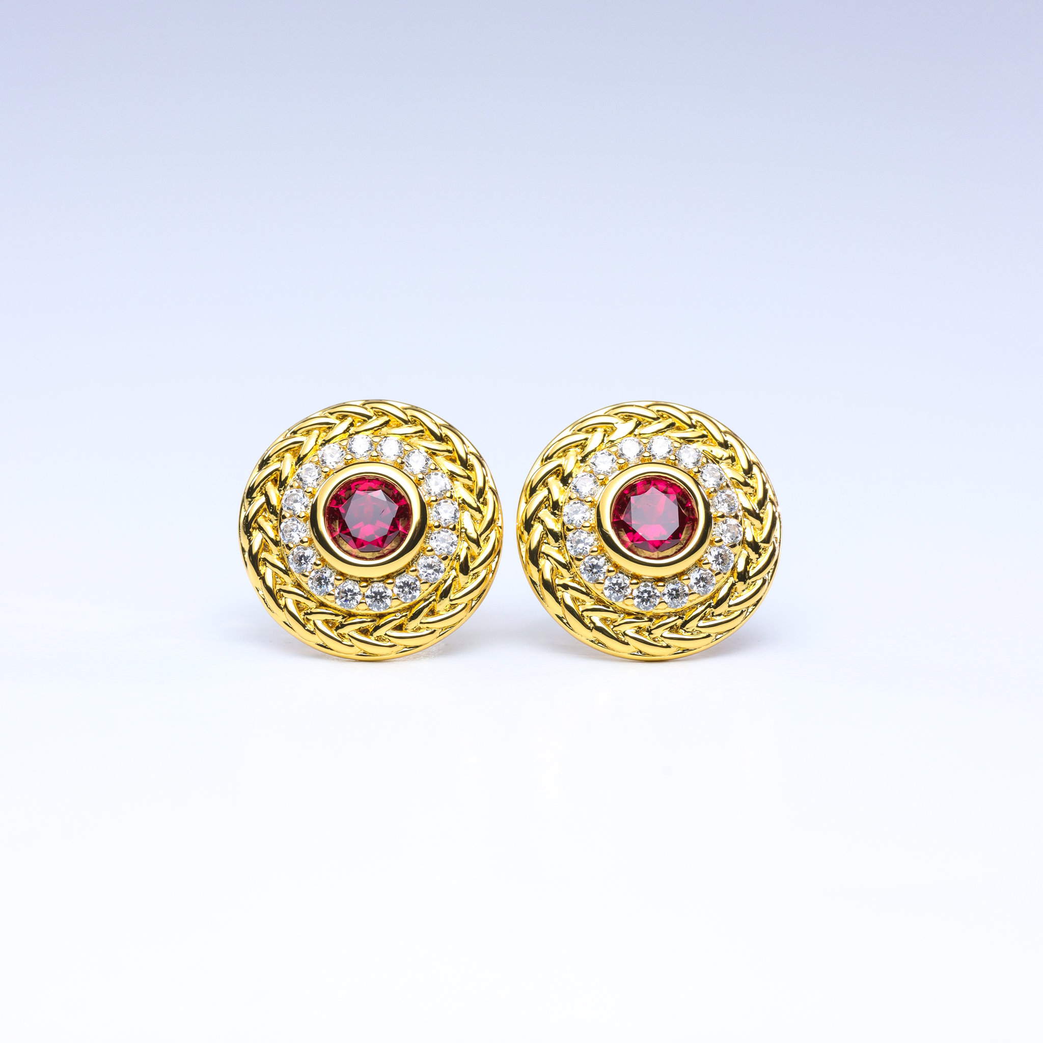 Picture of 18K Gold Plated Vintage Round Stud Earrings with Ruby & Cubic Zirconia